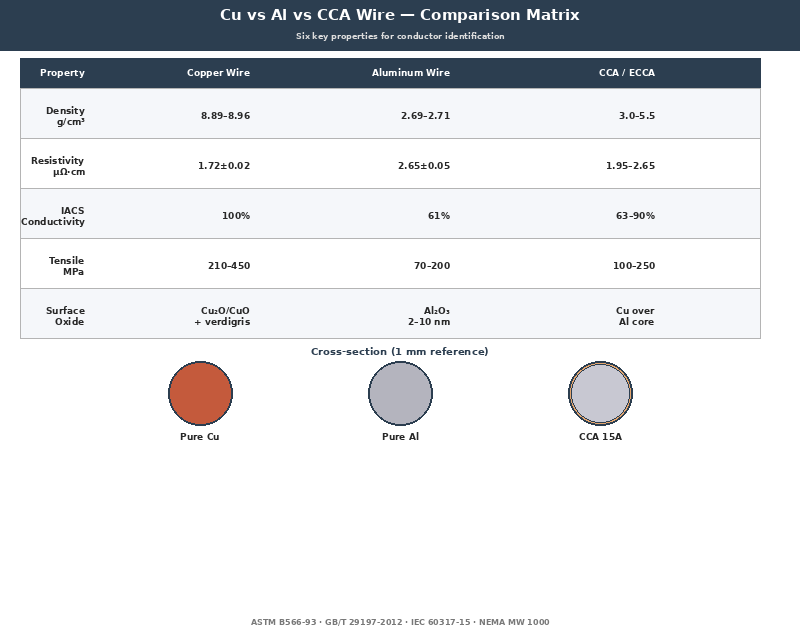 Cu vs Al vs CCA conductor comparison matrix showing density, resistivity, IACS, tensile strength, surface oxide